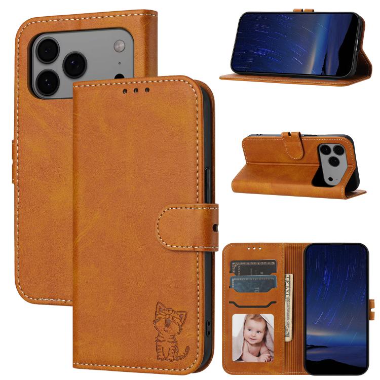 Embossed Happy Cat Pattern Flip Leather Phone Case, For iPhone 18 Pro / 17 Pro, For iPhone 18 Pro Max / 17 Pro Max, For iPhone 17e / 16e, For iPhone 17