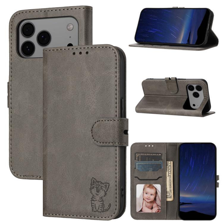 Embossed Happy Cat Pattern Flip Leather Phone Case, For iPhone 18 Pro / 17 Pro, For iPhone 18 Pro Max / 17 Pro Max, For iPhone 17e / 16e, For iPhone 17