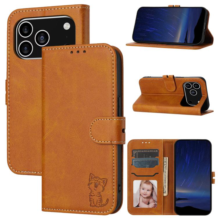 Embossed Happy Cat Pattern Flip Leather Phone Case, For iPhone 18 Pro / 17 Pro, For iPhone 18 Pro Max / 17 Pro Max, For iPhone 17e / 16e, For iPhone 17