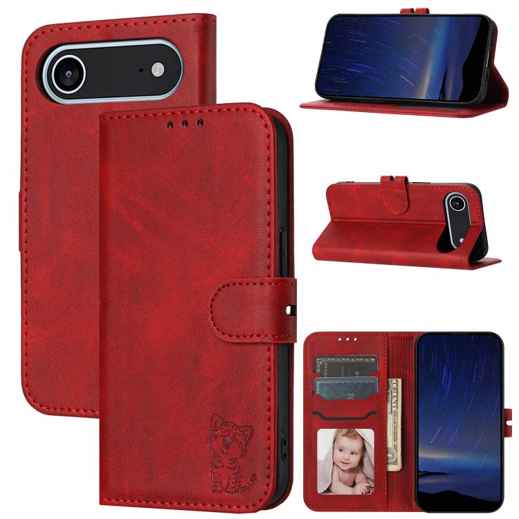 Embossed Happy Cat Pattern Flip Leather Phone Case, For iPhone Air, For iPhone 16 Pro Max, For iPhone 16 Pro, For iPhone 16
