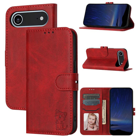 Embossed Happy Cat Pattern Flip Leather Phone Case, For iPhone Air, For iPhone 16 Pro Max, For iPhone 16 Pro, For iPhone 16