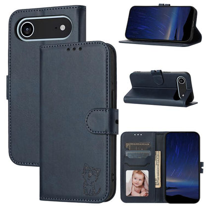 Embossed Happy Cat Pattern Flip Leather Phone Case, For iPhone Air, For iPhone 16 Pro Max, For iPhone 16 Pro, For iPhone 16