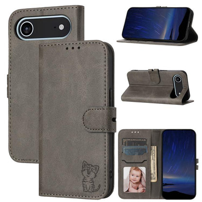 Embossed Happy Cat Pattern Flip Leather Phone Case, For iPhone Air, For iPhone 16 Pro Max, For iPhone 16 Pro, For iPhone 16