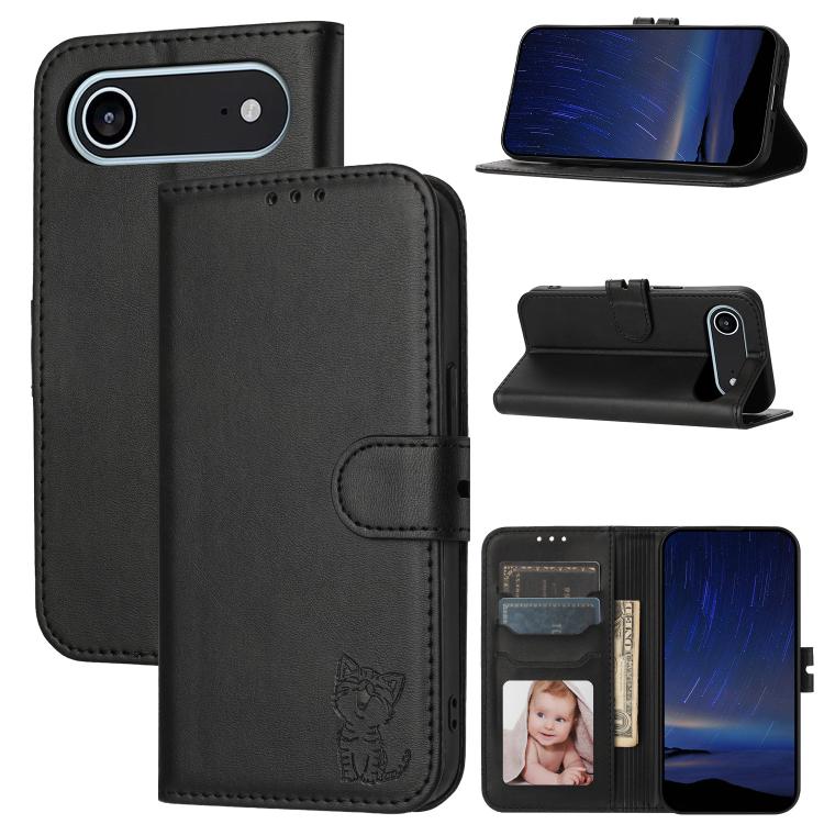 Embossed Happy Cat Pattern Flip Leather Phone Case, For iPhone Air, For iPhone 16 Pro Max, For iPhone 16 Pro, For iPhone 16