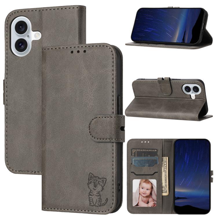 Embossed Happy Cat Pattern Flip Leather Phone Case, For iPhone 17e / 16e, For iPhone 17 Pro Max, For iPhone 17 Pro, For iPhone 17