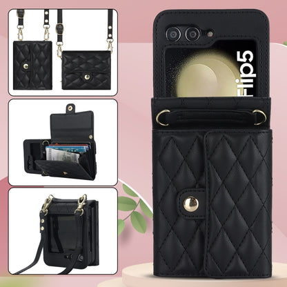 Rhombic Texture Card Bag PU Phone Case with Long Lanyard, For Samsung Galaxy Z Flip5, For Samsung Galaxy Z Flip4, For Samsung Galaxy Z Flip3