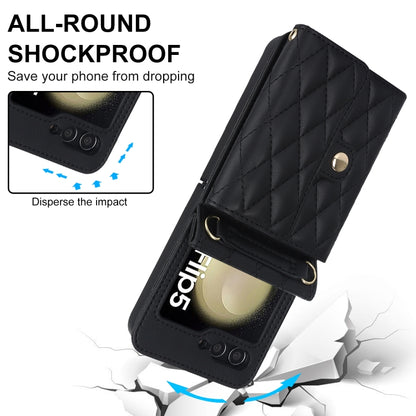 Rhombic Texture Card Bag PU Phone Case with Long Lanyard, For Samsung Galaxy Z Flip5, For Samsung Galaxy Z Flip4, For Samsung Galaxy Z Flip3