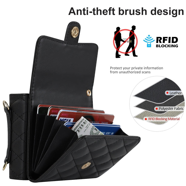 Rhombic Texture Card Bag PU Phone Case with Long Lanyard, For Samsung Galaxy Z Flip5, For Samsung Galaxy Z Flip4, For Samsung Galaxy Z Flip3