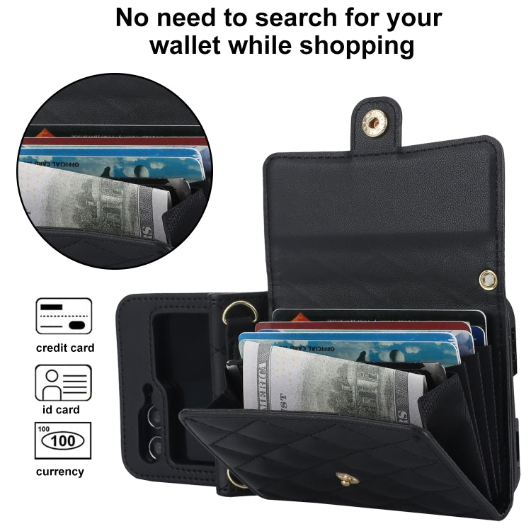 Rhombic Texture Card Bag PU Phone Case with Long Lanyard, For Samsung Galaxy Z Flip5, For Samsung Galaxy Z Flip4, For Samsung Galaxy Z Flip3