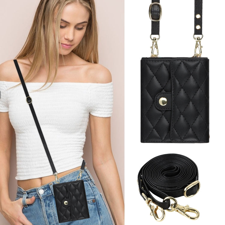 Rhombic Texture Card Bag PU Phone Case with Long Lanyard, For Samsung Galaxy Z Flip5, For Samsung Galaxy Z Flip4, For Samsung Galaxy Z Flip3
