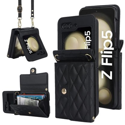 Rhombic Texture Card Bag PU Phone Case with Long Lanyard, For Samsung Galaxy Z Flip5, For Samsung Galaxy Z Flip4, For Samsung Galaxy Z Flip3