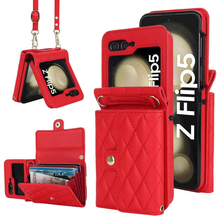 Rhombic Texture Card Bag PU Phone Case with Long Lanyard, For Samsung Galaxy Z Flip5, For Samsung Galaxy Z Flip4, For Samsung Galaxy Z Flip3