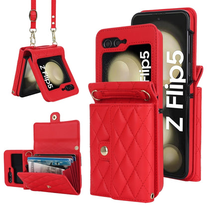 Rhombic Texture Card Bag PU Phone Case with Long Lanyard, For Samsung Galaxy Z Flip5, For Samsung Galaxy Z Flip4, For Samsung Galaxy Z Flip3