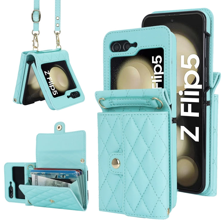 Rhombic Texture Card Bag PU Phone Case with Long Lanyard, For Samsung Galaxy Z Flip5, For Samsung Galaxy Z Flip4, For Samsung Galaxy Z Flip3