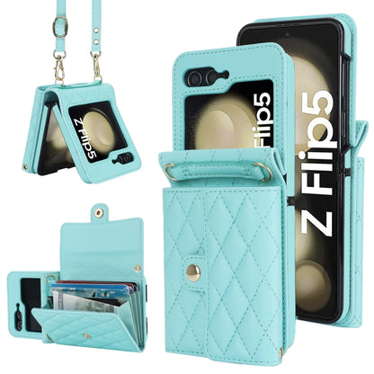 Rhombic Texture Card Bag PU Phone Case with Long Lanyard, For Samsung Galaxy Z Flip5, For Samsung Galaxy Z Flip4, For Samsung Galaxy Z Flip3