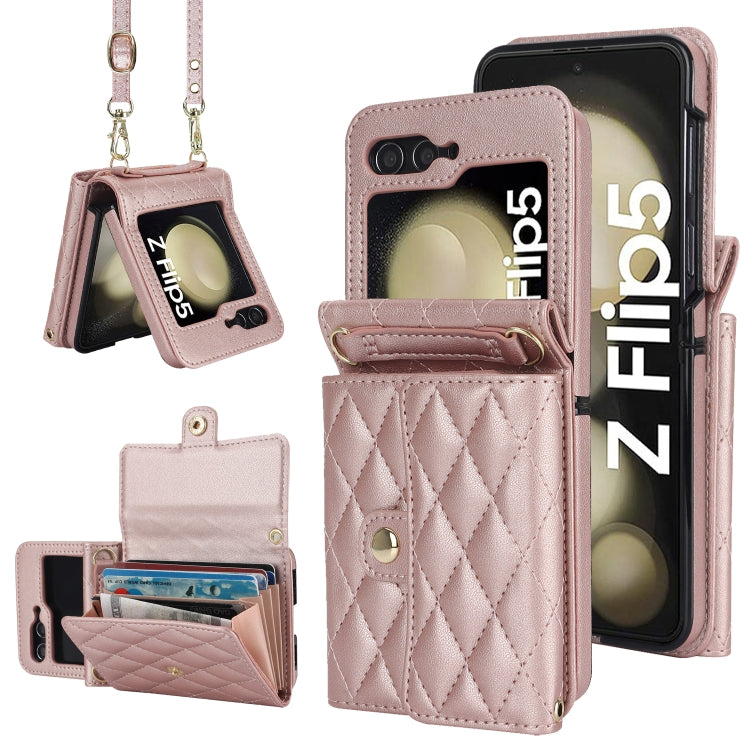 Rhombic Texture Card Bag PU Phone Case with Long Lanyard, For Samsung Galaxy Z Flip5, For Samsung Galaxy Z Flip4, For Samsung Galaxy Z Flip3