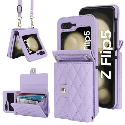 Rhombic Texture Card Bag PU Phone Case with Long Lanyard, For Samsung Galaxy Z Flip5, For Samsung Galaxy Z Flip4, For Samsung Galaxy Z Flip3
