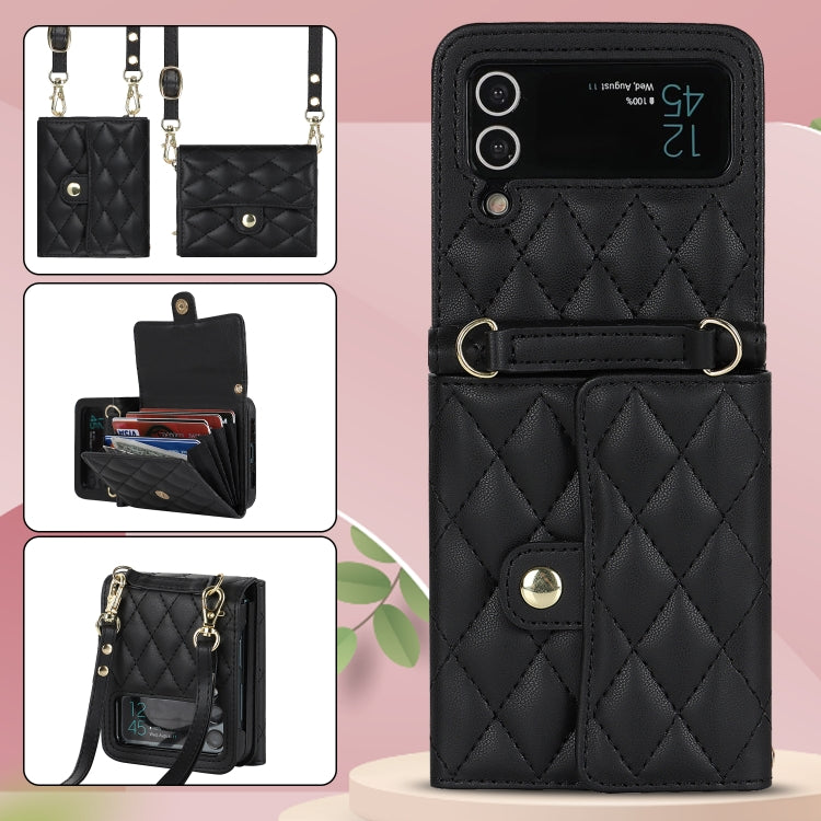 Rhombic Texture Card Bag PU Phone Case with Long Lanyard