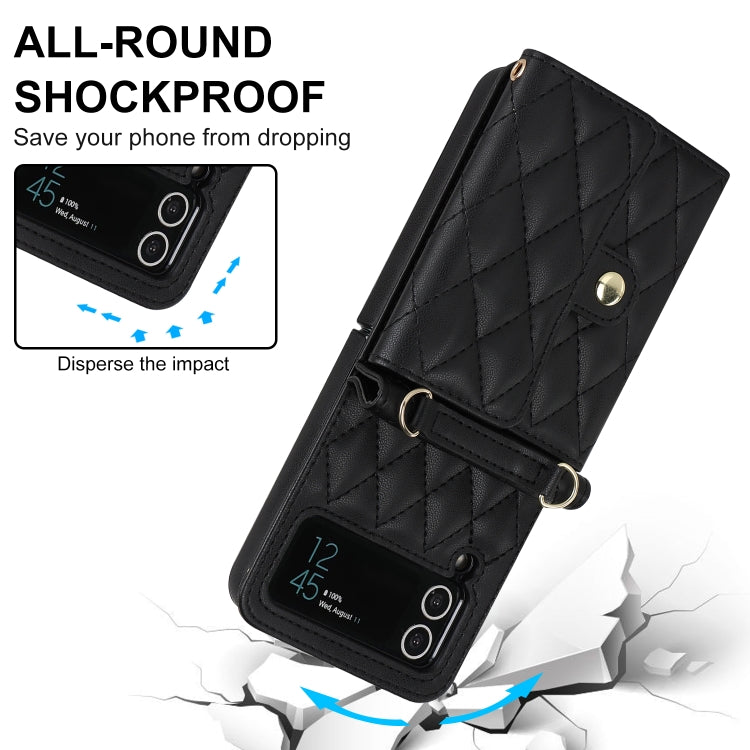 Rhombic Texture Card Bag PU Phone Case with Long Lanyard