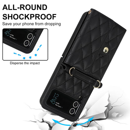 Rhombic Texture Card Bag PU Phone Case with Long Lanyard