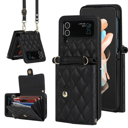Rhombic Texture Card Bag PU Phone Case with Long Lanyard, For Samsung Galaxy Z Flip5, For Samsung Galaxy Z Flip4, For Samsung Galaxy Z Flip3