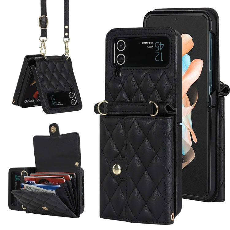 Rhombic Texture Card Bag PU Phone Case with Long Lanyard