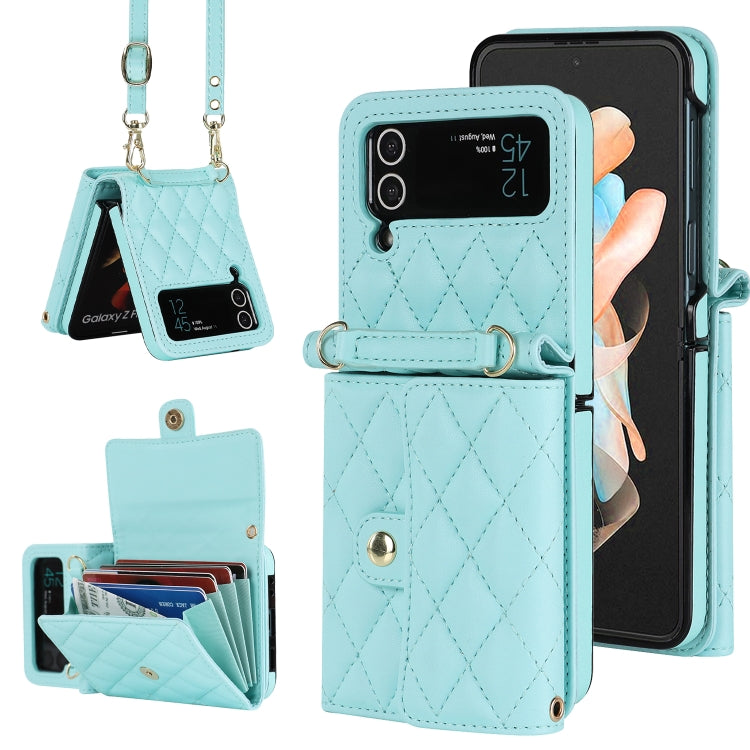 Rhombic Texture Card Bag PU Phone Case with Long Lanyard, For Samsung Galaxy Z Flip5, For Samsung Galaxy Z Flip4, For Samsung Galaxy Z Flip3