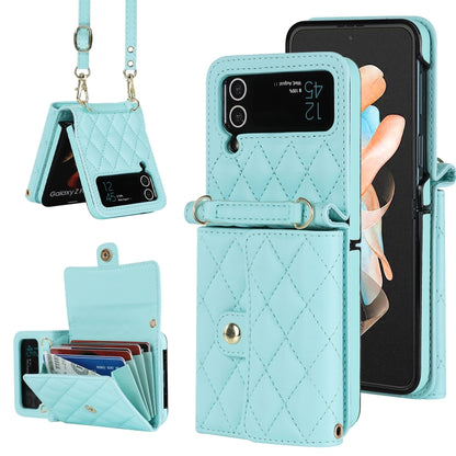 Rhombic Texture Card Bag PU Phone Case with Long Lanyard, For Samsung Galaxy Z Flip5, For Samsung Galaxy Z Flip4, For Samsung Galaxy Z Flip3