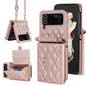 Rhombic Texture Card Bag PU Phone Case with Long Lanyard