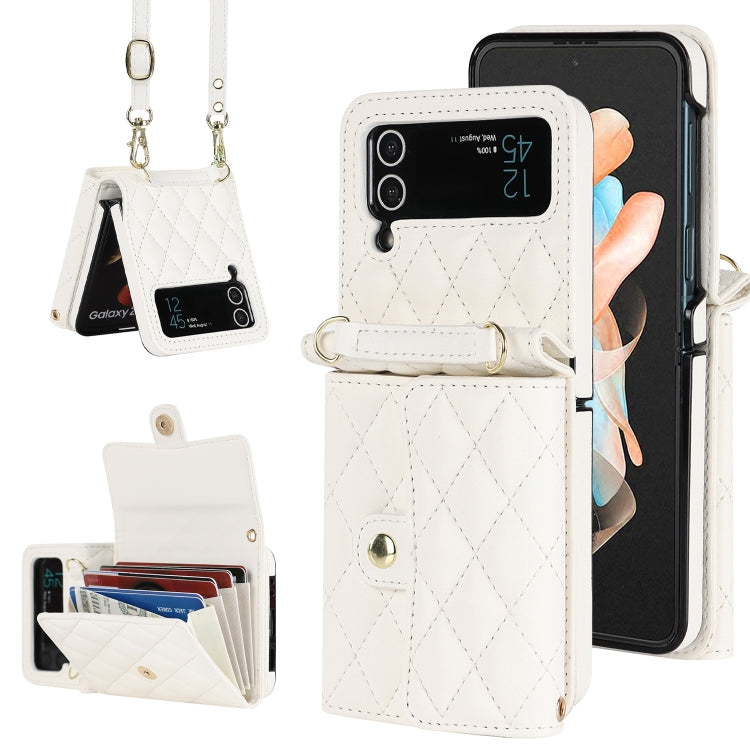 Rhombic Texture Card Bag PU Phone Case with Long Lanyard