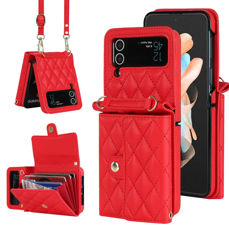 Rhombic Texture Card Bag PU Phone Case with Long Lanyard, For Samsung Galaxy Z Flip5, For Samsung Galaxy Z Flip4, For Samsung Galaxy Z Flip3