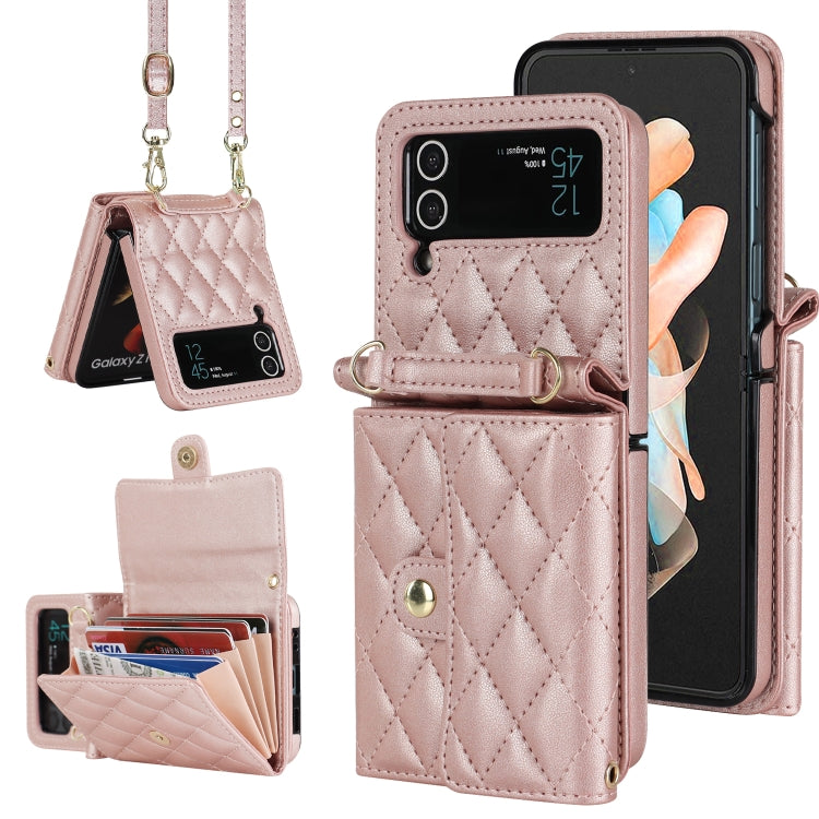 Rhombic Texture Card Bag PU Phone Case with Long Lanyard, For Samsung Galaxy Z Flip5, For Samsung Galaxy Z Flip4, For Samsung Galaxy Z Flip3