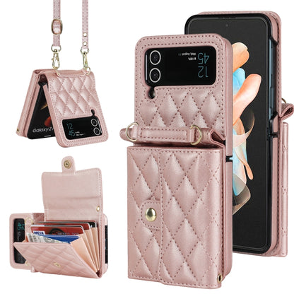 Rhombic Texture Card Bag PU Phone Case with Long Lanyard, For Samsung Galaxy Z Flip5, For Samsung Galaxy Z Flip4, For Samsung Galaxy Z Flip3