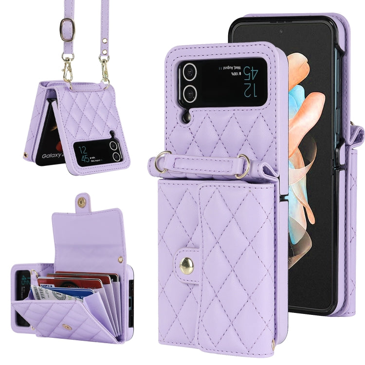 Rhombic Texture Card Bag PU Phone Case with Long Lanyard, For Samsung Galaxy Z Flip5, For Samsung Galaxy Z Flip4, For Samsung Galaxy Z Flip3