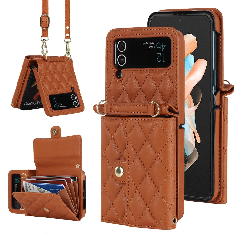 Rhombic Texture Card Bag PU Phone Case with Long Lanyard