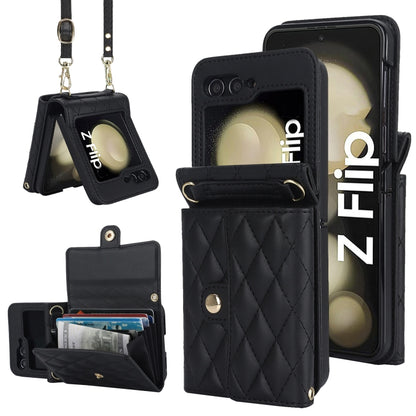 Rhombic Texture Card Bag PU Phone Case with Long Lanyard, For Galaxy Z Flip8 5G, For Samsung Galaxy Z Flip7 FE / Flip6, For Samsung Galaxy Z Flip7 5G