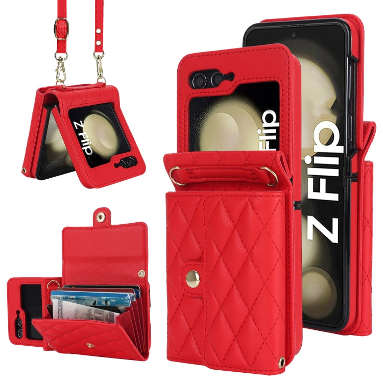 Rhombic Texture Card Bag PU Phone Case with Long Lanyard, For Galaxy Z Flip8 5G, For Samsung Galaxy Z Flip7 FE / Flip6, For Samsung Galaxy Z Flip7 5G