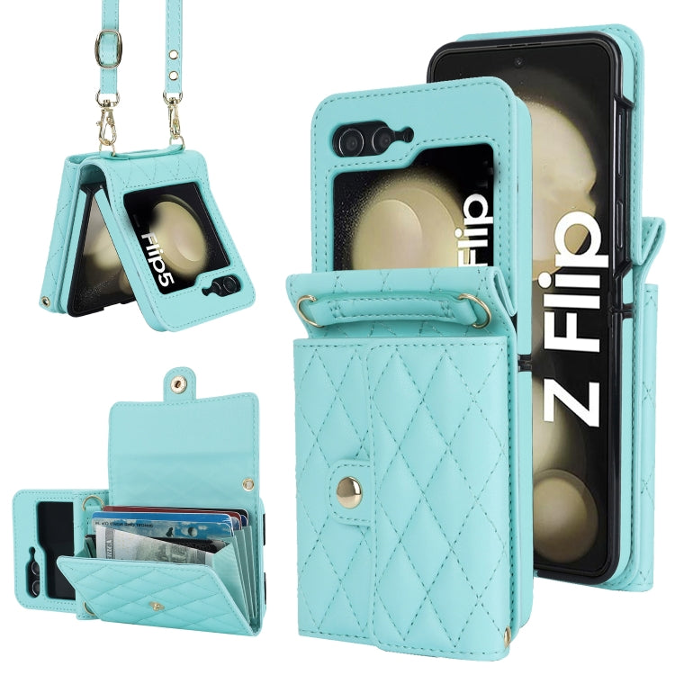 Rhombic Texture Card Bag PU Phone Case with Long Lanyard