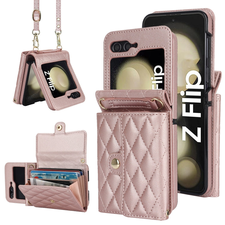 Rhombic Texture Card Bag PU Phone Case with Long Lanyard, For Galaxy Z Flip8 5G, For Samsung Galaxy Z Flip7 FE / Flip6, For Samsung Galaxy Z Flip7 5G