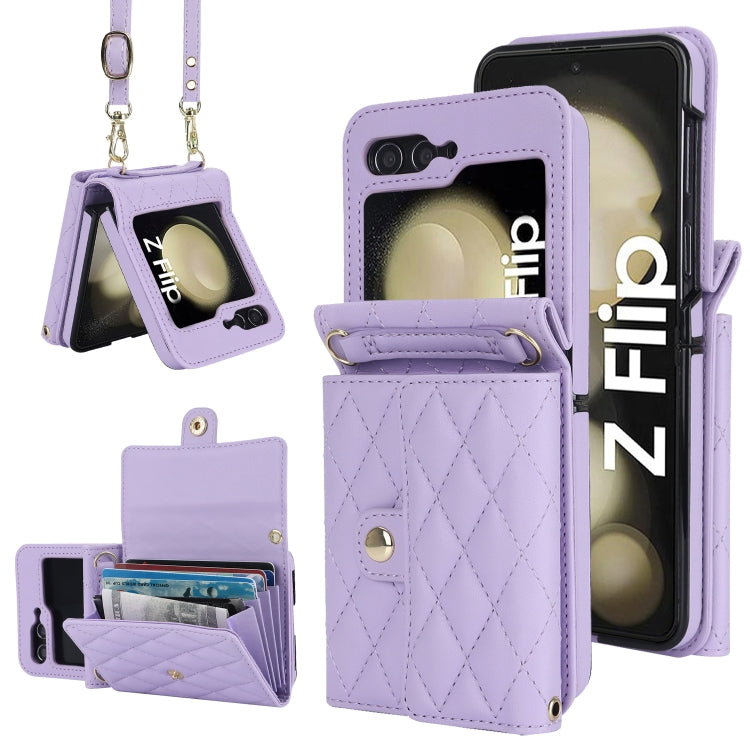 Rhombic Texture Card Bag PU Phone Case with Long Lanyard