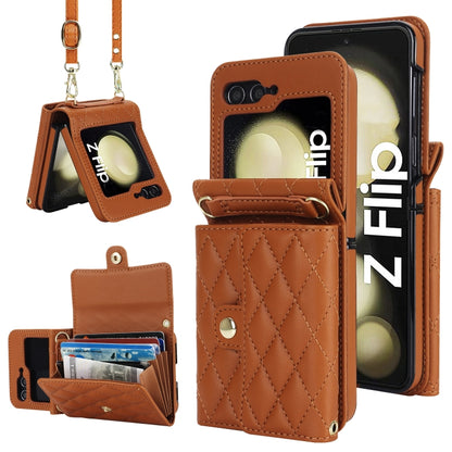 Rhombic Texture Card Bag PU Phone Case with Long Lanyard, For Galaxy Z Flip8 5G, For Samsung Galaxy Z Flip7 FE / Flip6, For Samsung Galaxy Z Flip7 5G