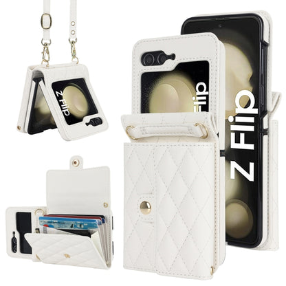 Rhombic Texture Card Bag PU Phone Case with Long Lanyard, For Galaxy Z Flip8 5G, For Samsung Galaxy Z Flip7 FE / Flip6, For Samsung Galaxy Z Flip7 5G