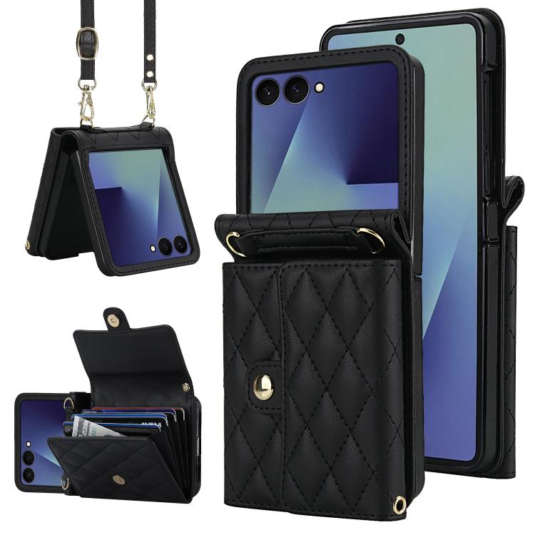 Rhombic Texture Card Bag PU Phone Case with Long Lanyard, For Galaxy Z Flip8 5G, For Samsung Galaxy Z Flip7 FE / Flip6, For Samsung Galaxy Z Flip7 5G