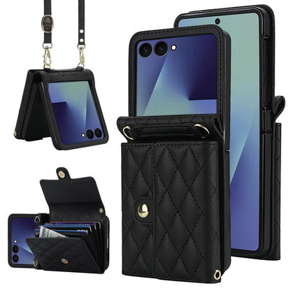 Rhombic Texture Card Bag PU Phone Case with Long Lanyard
