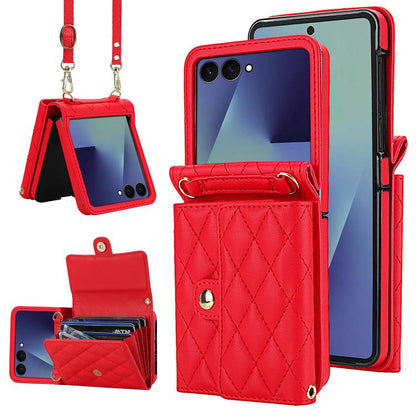 Rhombic Texture Card Bag PU Phone Case with Long Lanyard
