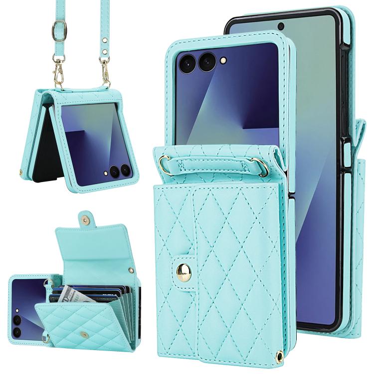 Rhombic Texture Card Bag PU Phone Case with Long Lanyard, For Galaxy Z Flip8 5G, For Samsung Galaxy Z Flip7 FE / Flip6, For Samsung Galaxy Z Flip7 5G