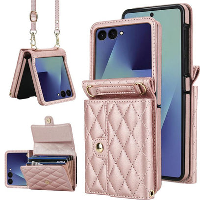 Rhombic Texture Card Bag PU Phone Case with Long Lanyard, For Galaxy Z Flip8 5G, For Samsung Galaxy Z Flip7 FE / Flip6, For Samsung Galaxy Z Flip7 5G