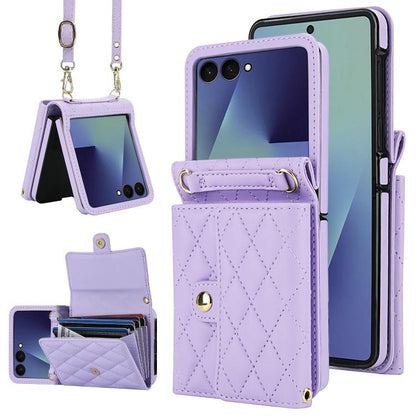 Rhombic Texture Card Bag PU Phone Case with Long Lanyard