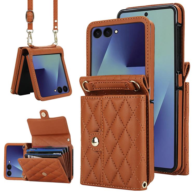 Rhombic Texture Card Bag PU Phone Case with Long Lanyard, For Galaxy Z Flip8 5G, For Samsung Galaxy Z Flip7 FE / Flip6, For Samsung Galaxy Z Flip7 5G