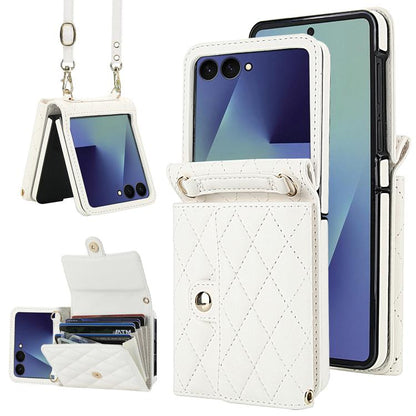 Rhombic Texture Card Bag PU Phone Case with Long Lanyard